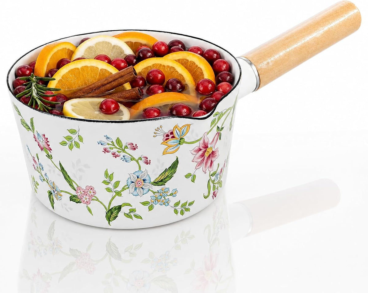 Jucoan 1 Quart Enamel Milk Pan with Pour Spout, Small Saucepan with Wood Handle for Hot Chocolate, Butter, Oatmeal, Simmer Pot for Holiday Home Fragrance, Measurement Mark
