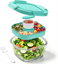 Glass Salad Container,56oz Salad Bowl To Go for Lunch with Airtight Lid,Leak-Proof Sauce Container,4-Compartment Bento Tray & Reusable Fork - BPA-Free Glass Lunch Box for Meal Prep,Officeï¼ˆGreenï¼‰
