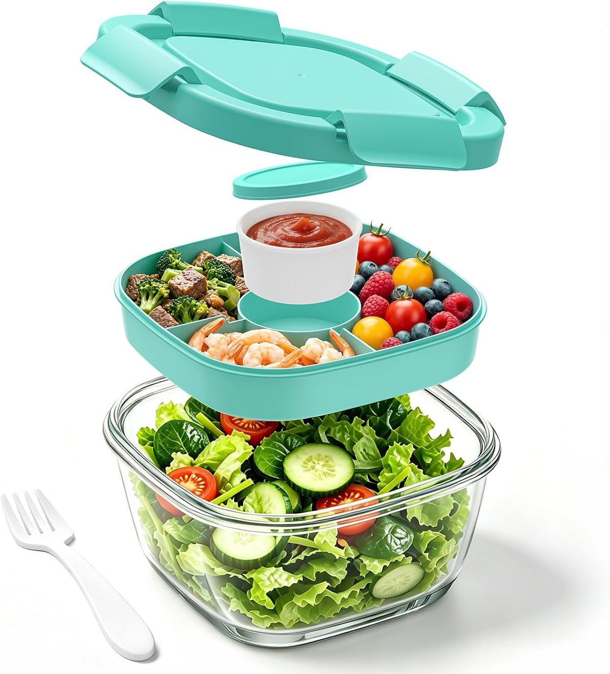 Glass Salad Container,56oz Salad Bowl To Go for Lunch with Airtight Lid,Leak-Proof Sauce Container,4-Compartment Bento Tray & Reusable Fork - BPA-Free Glass Lunch Box for Meal Prep,Officeï¼ˆGreenï¼‰