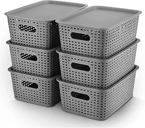 AREYZIN Plastic Storage Baskets -6 Pack, Storage Bins with Lid Organizing Container Lidded Knit Storage Organizer Bins for Shelves Drawers Desktop Closet Playroom Classroom Office,Gray