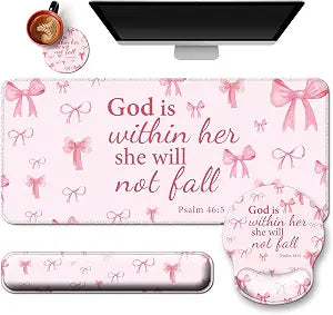 4 in 1 Mouse Pad Set with Wrist Rest for Keyboard,Desk Mat,Coaster-Pink Bow