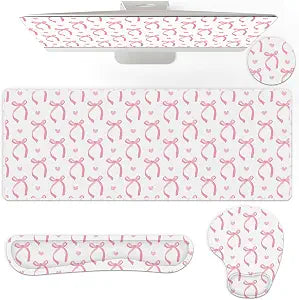 AmazingSpark 4 Pcs Pink Bow Mouse Pad Set Coquette Cute Desk Pad + Mouse Pad with Wrist Rest + Keyboard Wrist Rest + Coaster Ergonomic Design for Office Table Computer(Classic Style)