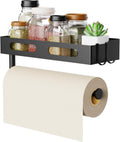 Paper Towel Holder Wall Mount for Kitchen, Paper Towel Holder with Shelf for Bathroom, RV Paper Towel Rack, Spice Rack with 2 Hooks,Matte Black