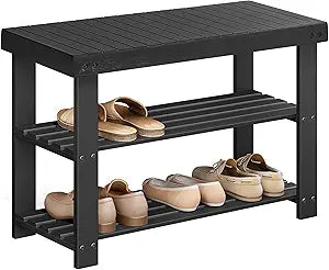 SONGMICS Shoe Rack Bench, 3-Tier Bamboo Entryway Bench, 27.6 Inches Width