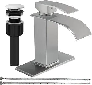 sagetta Waterfall Bathroom Sink Faucet Single Hole Brushed Nickel with Three Hole Cover Deck Plate, Pop up Drain and Water Hoses Stainless Steel Vanity