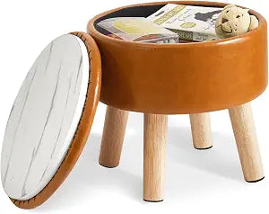 IBUYKE Small Foot Stool Ottoman with Storage, Round,Yellowish-Brown WBD023J