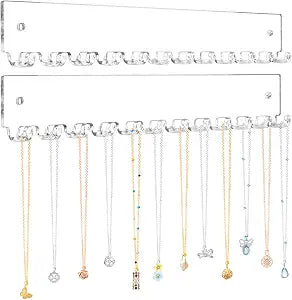 Acrylic Necklace Holder 2 Pack Wall Mounted Necklace Organizer Hanging Jewelry Organizer with 12 Hooks for Necklaces, Bracelets, Rings and Bangles Display