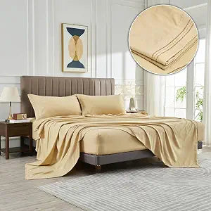 Microfiber Easy Fit Queen Size Bed Sheet Set Extra Soft Deep Pockets Luxury Hotel 4 Piece Set Beige Bed Sheets Queen Sheets