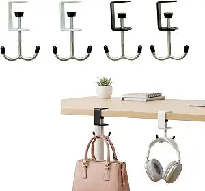 4 Pack Adjustable Under Desk Hooks, Universal Bag Hanger Fits Most Table Thickness, 100LB Capacity Heavy-Duty Dual Hook for Purse, Backpack, Office Home
