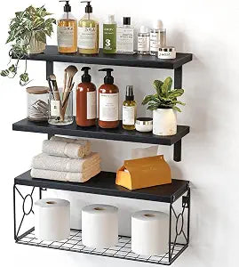 Amada Bathroom Shelves with Storage Basket, Set of 3, Black