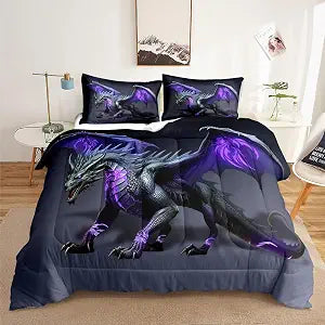 LUVIVIHOME 2PCS Dragon Comforter Set, Twin Bedding Sets for Boys Kids Teens, Black Purple Dragon Bedroom Decor, Soft Microfiber Quilt, Dragon Gifts for Men Women, 1 Pillow Sham, Style 10