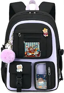 Backpack for Girls with Accessories Laptop Bookbags 16 Inch Kawaii Kids Elementary Middle High School Bag College Travel Daypack Gifts for Teens Women Students (Black Purple)