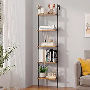 YMYNY 5 Tiers Ladder Bookcase, Industrial Wall Mounted Bookshelf, Open Display Rack with Metal Frame, Wooden Storage Shelves for Bedroom, Home Office, Plant Stand, Rustic Brown, 70*17.3*11.8"UHBC015H