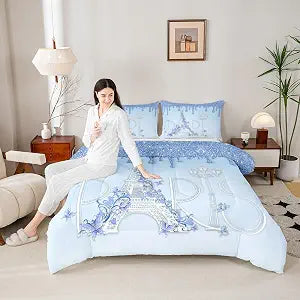 Eiffel Tower Bedding Set King Size,Paris Floral Comforter Set 3pcs for Kids Girls Women Teen Room Decor,Blue White Gradient Glitter Quilt Set Romantic Chic French Duvet Insert,2 Pillowcases