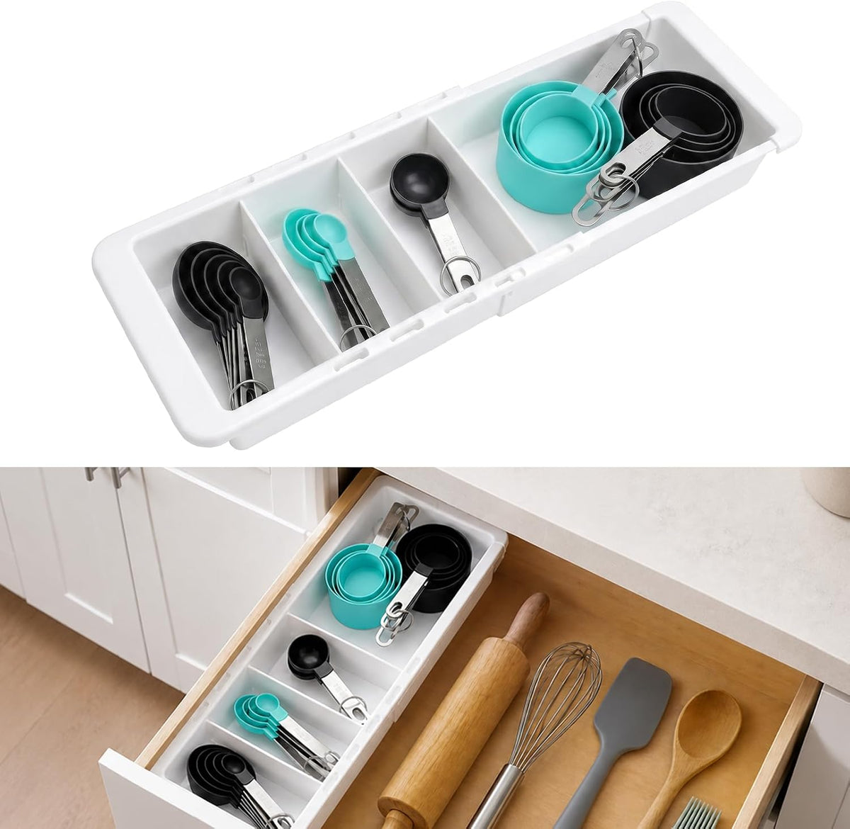 Expandable Measuring Cup Organizer & Measuring Spoon Organizer for Deep Drawers, 11.4''-18.1'' Adjustable Kitchen Drawer Organizer with 3 Dividers, Space-Saving Flatware Bin for Home & Kitchen