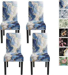 Blue Marble Dining Chair Covers Set of 4, Gold Vein Slipcovers