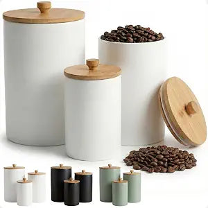 Ceramic Kitchen Canisters for Countertop Set of 3 w/ Airtight Bamboo Lids