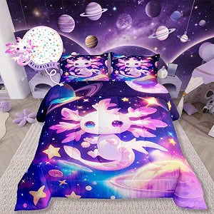 Erosebridal Axolotl Quilt Twin Size for Kids Boys Girls,Galaxy Planet Space Bedding Set Cartoon Animal Comforter Set Purple Dreamy Starry Bedding Comforter Sets