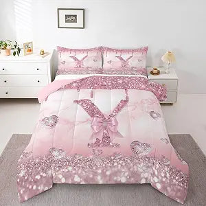 Erosebridal Girly Alphabet Y Bedding Set Pink Bow Comforter Set Twin Size,Initial Letter Bowknot Duvet Insert for Kids Boys Girls Women Custom Personalized Quilt