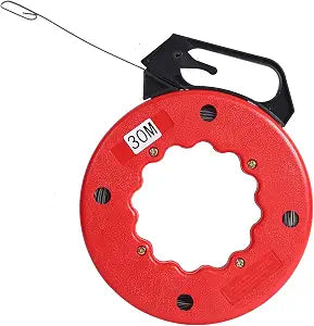 KINJOEK 100 Feet Steel Fish Tape in Red Plastic Housing Retractable Wire Fish Tape Reel Pulling for Heavy Duty Pulls, Short Runs and Conduit Measuring