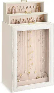 Huquary 3 Layer Vertical Necklace Organizer Box 12.6" x 7.9" x 5", Beige