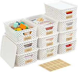 10 Pack Small Plastic Storage Bins with Lids, Stackable Plastic Storage Baskets for Organizing with Handles, Organizer Bins with Labels for Room, Craft, Containers for Pantry Organizers and Storage