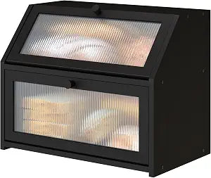Black Bread Box for Kitchen Counter, Large Bamboo Wood Double Layer Bread Box, Wooden Bread Storage Capacity