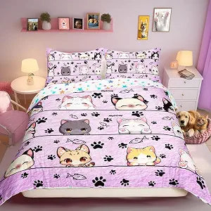 Manfei Cartoon Cat Duvet Cover Set Toddler Size,Kitten Kitty Pet Purple Bedding Set,Cute Animals Quilt Cover for Kids,Comforter Cover(No Filler),2 Pcs