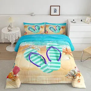Homewish Flip Flop Comforter Set,Teal Stripes Bedding Set for Kids Girls Women,Adults Beach Shell Comforter,Blue Ocean Quilted Duvet Set Bedroom Collection Twin Size 2Pcs