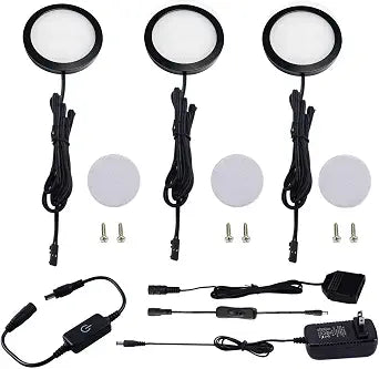 AIBOO Under Cabinet LED Black Cover Puck Lighting Kit with Touch Dimmer Switch for Kitchen Cupboard Closet Lighting (3 Lights,Warm White)
