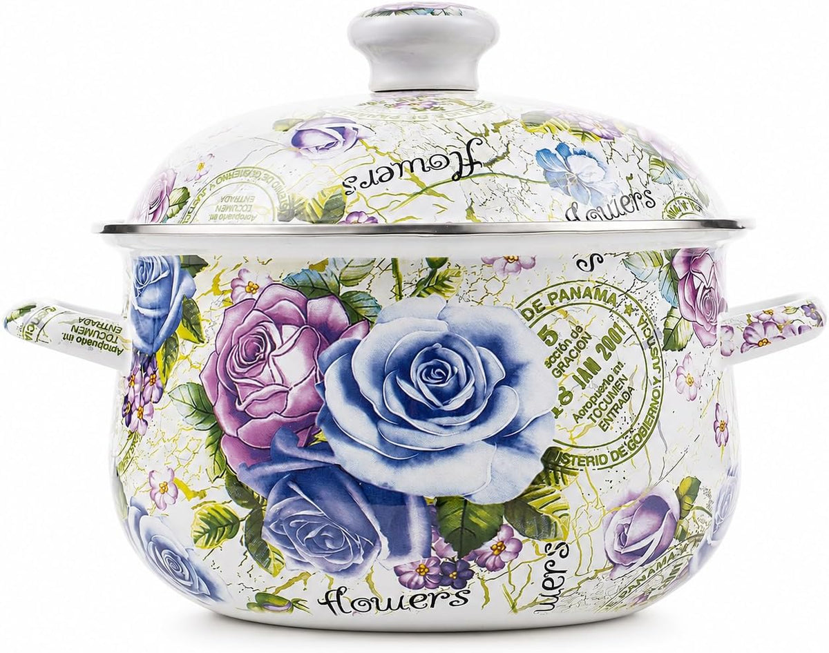 5 Qt Enamel Stock Pot with Lid, Floral Soup Pots for Cooking