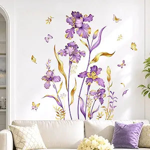 Tanlaby Large Flower Wall Decals Purple Gold Leaf Floral Wall Stickers