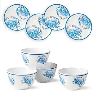 Beach House Crab 8-Piece Melamine Canap Plate & Dip Bowl Set  Coastal Serveware for Appetizers, Snacks, Dips & Desserts  Shatterproof, Chip-Resistant, Indoor/Outdoor Dining & Entertaining