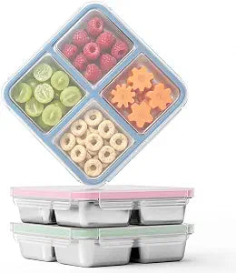 Bakpoco 3 Pack Stainless Steel Snack Containers, 4 Compartment Metal Snack Containers with Lid, Compact Food Storage Box Containers For Lunch & Snacks