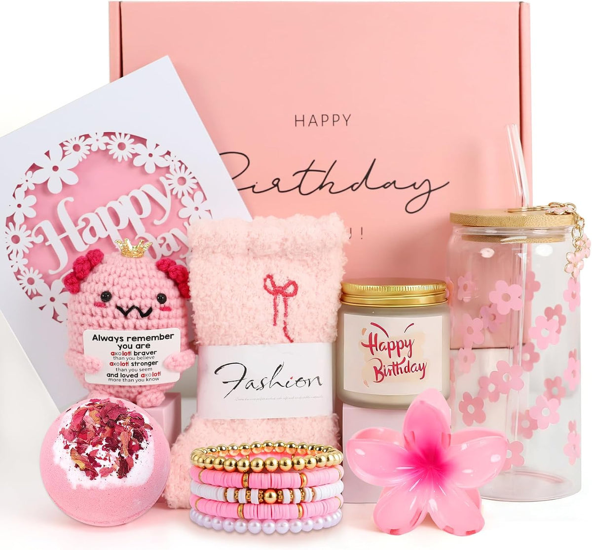 Birthday Gifts for Teen Girls, Women, Her, Unique Happy Birthday Gift Baskets for Best Friend, Daughter, Sister, Granddaughter, Cute Axolotl Crochet Ideal Gift Set 9pcs
