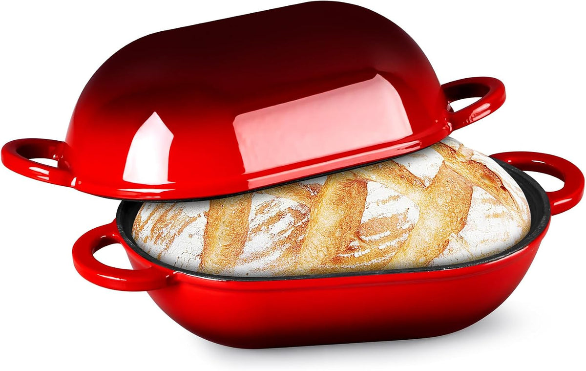 TeamFar Enameled Cast Iron Bread Loaf Pan, 2 QT Oval Dutch Oven with Lid