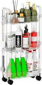 3 Tier Slim Rolling Storage Cart with Wheels for Small Space,Clear Modern Design Slim Utility Cart Suitable as Bathroom Cart Organizer Shelf,Skinny Bathroom Storage Rack,Narrow Laundry Cart on Wheels