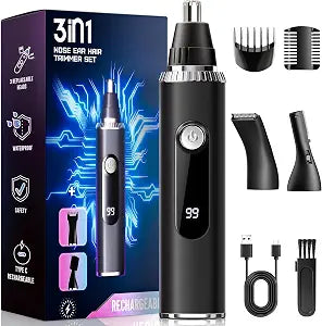 Nose Hair Trimmer for Men Women,3-in-1 Rechargeable Ear and Nose Trimmer with LED Display, Painless Eyebrow, Sideburn and Facial Hair Trimmer, USB-C, Waterproof, Dual-Edge Blades, gifts for men(Black)