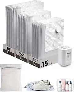BAGSMART Vacuum Seal Storage Bags for Clothing Travel, 15 Pack Travel Essentials Bundle includes Laundry Bag & Waterproof Shoe Bag & TSA Approved Toiletry Bag, Hand Pump Included