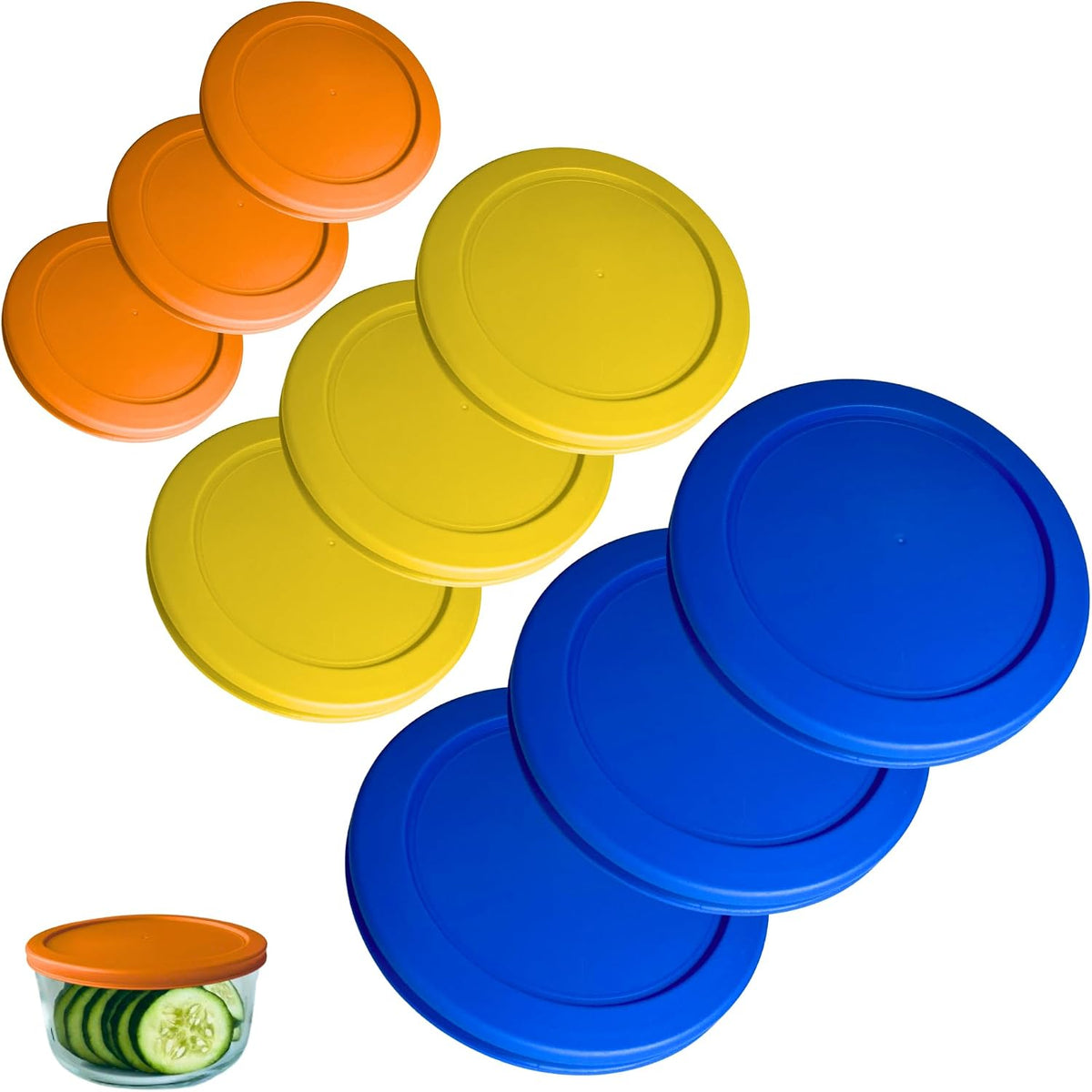 1, 2 & 4 Cup Orange, Yellow, Blue Replacement Lids/Covers for Pyrex, Anchor Hocking & KlareWare Storage Bowls *Lids Only Glass Container Not Included* (9 Pack *Three of Each Size*)