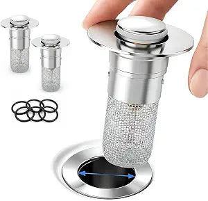 Bathroom Sink Drain Strainer with Removable Basket  2 Pack Bathroom Sink Stopper Plug & Pop Up Drain Stopper | 2.90 x 2.30 x 1.25 inches | Easy to Clean Hair Catcher