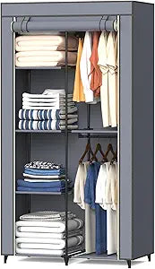 Gray Cover Portable Closet with 6 Shelves & 2 Hanging Rods