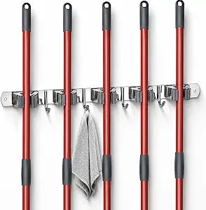 voze 5 Racks and 4 Hooks Mop and Broom Holder Wall Mount, Self Adhesive Heavy Duty Broom Hanger Organizer Storage Tool Racks for Kitchen Garden Laundry Garage