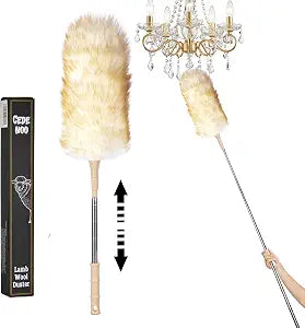 Lambswool Duster Extendable 2255 Inch, Natural Wool Duster for Cleaning, Washable Reusable Duster for Ceiling Fans, Blinds, Furniture, High Places