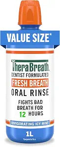 TheraBreath Fresh Breath Oral Rinse, Invigorating ICY Mint Flavor, Dentist Formulated and ADA-Accepted Mouthwash pH-Balanced, Alcohol Free & Non-Burning, 1 Liter