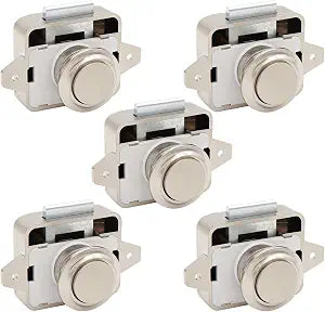 Push Button Cabinet Lock 5 Pack, Chrome Plated RV Drawer Latches, Marine Grade Metal Push to Open Locks, Keyless Door Catches for Camper Boat Storage Compartments