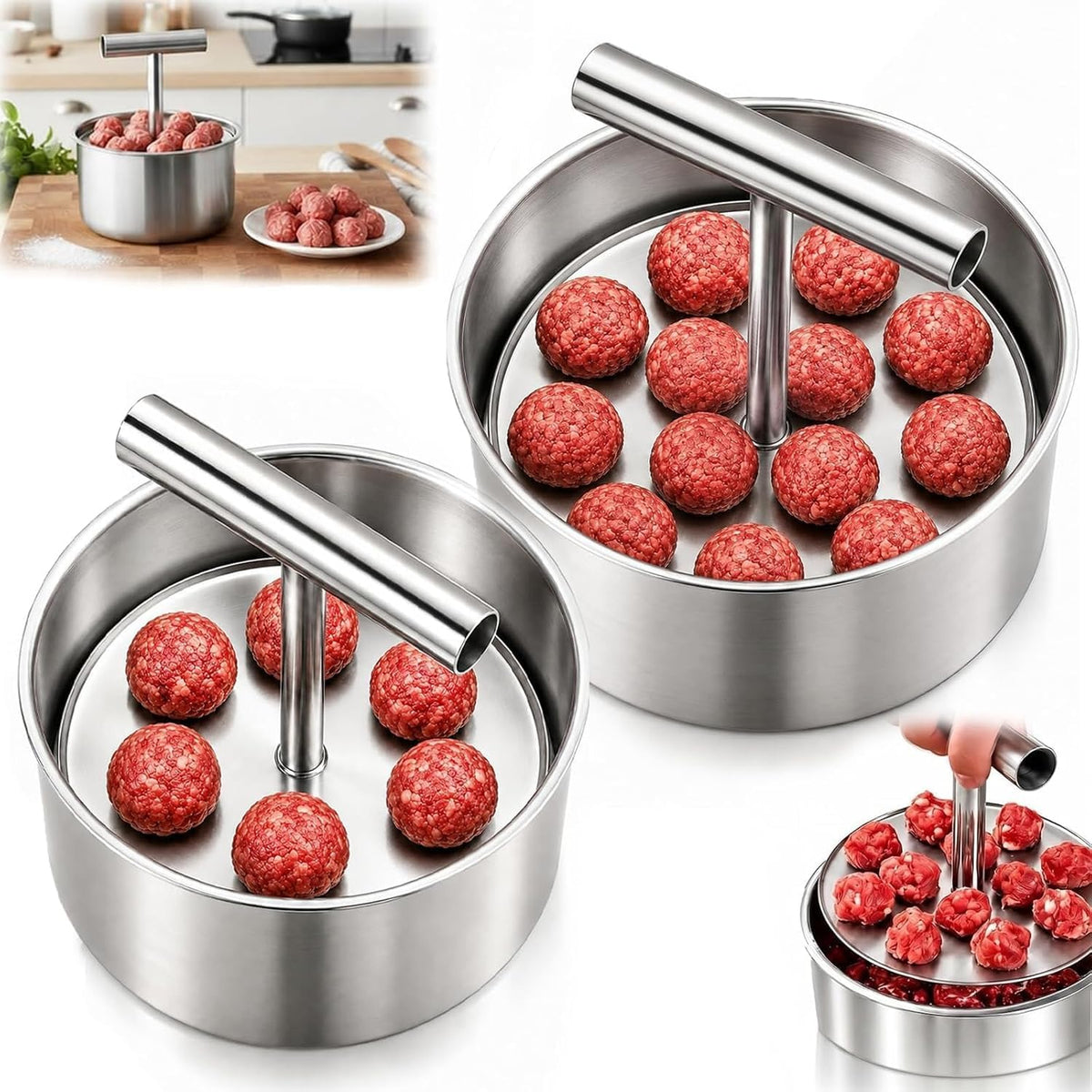 2PCS Manual Meatball Maker Tool, Stainless Steel Meatball Making Mold,Quick & Easy Meatball Making Tool for Uniformly Shaped Meatballsï¼ˆ6 Holes+12 Holesï¼‰