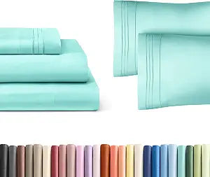 Spa Blue 3-Piece Sheet Set & Pillowcase Bedding Bundle (Twin Size) - Complete Twin Sheet Set & 2 Pillowcases w/ Deep Pockets up to 16 inches - Comfy, Hotel Luxury Quality - Soft, Breathable & Cooling
