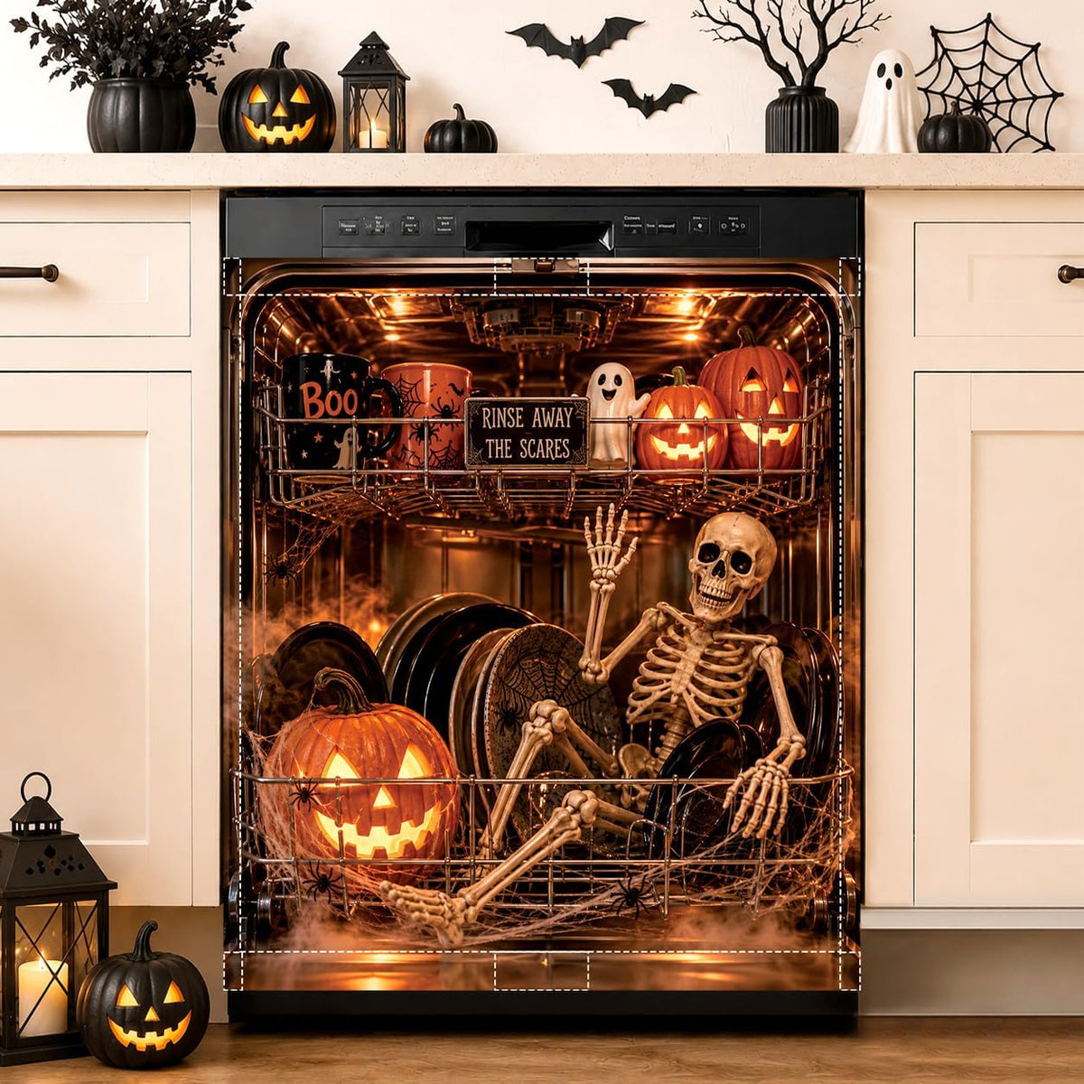Halloween Skull Dishwasher Magnet Cover, 23x26In Skeleton Dishwasher Magnetic Covers Spring Decor Dishwasher Magnets for Kitchen Decoration Funny Refrigerator Magnet Cover Fridge Panel Decal
