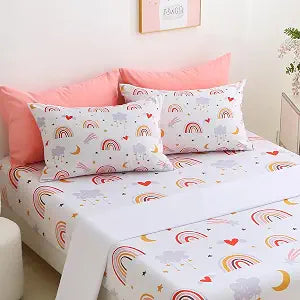 Queen Bed Sheets Set ��� 4 Piece Deep 13 Inch Fitted Sheet, Soft Microfiber Flat Sheet & 2 Pillowcases, Cute Rainbow Heart Moon Star Bedding for Girls Kids Teens